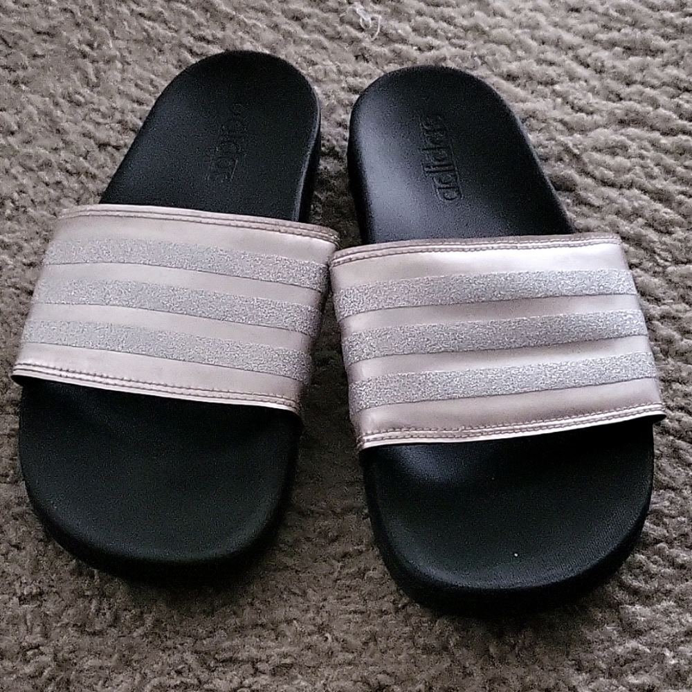 Adidas black and rose gold with silver slides